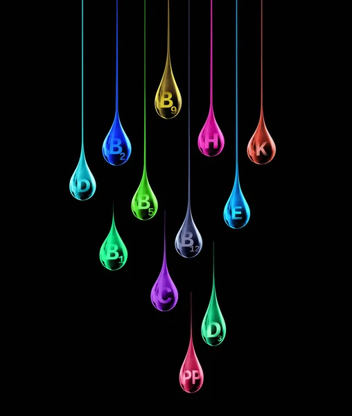 Set Multi Vitamin Complex Shape Colored Stretched Drops Black Background — Fotografia de Stock