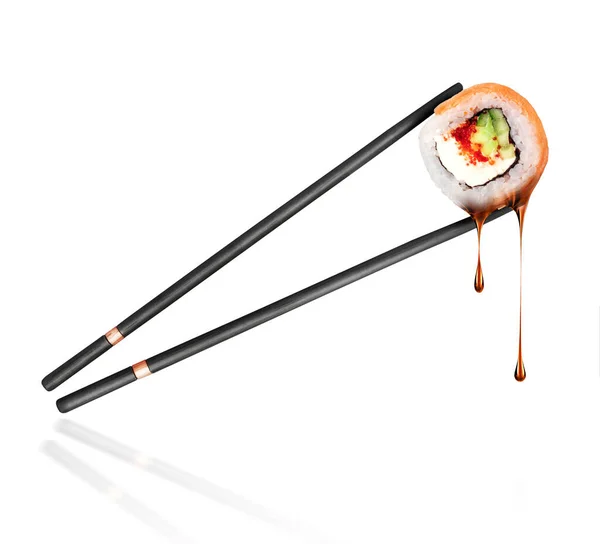 Krople Sosu Sojowego Sushi Roll Łososia Umieszczonego Między Patykami Zbliżenie — Zdjęcie stockowe