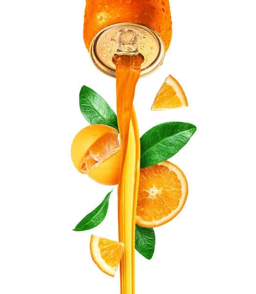 Drink Pours Metal Bottle Sliced Orange Leaves Isolated White Background — Stockfoto