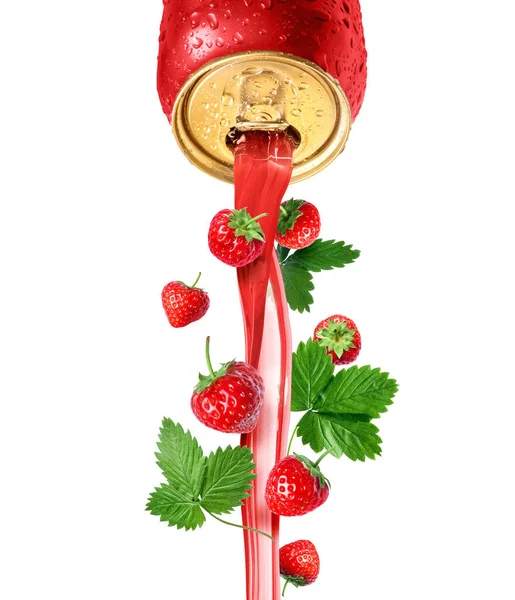Red Drink Pours Metal Bottle Strawberries Leaves Isolated White Background — Foto de Stock