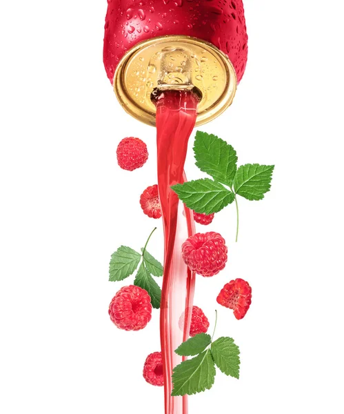 Red Drink Pours Metal Bottle Raspberries Leaves Isolated White Background — Foto Stock