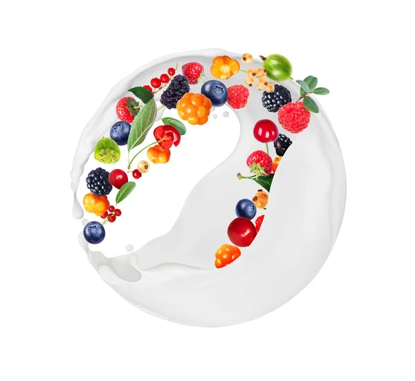 Different Berries Milk Splashes Spherical Shape Isolated White Background — Stock Photo, Image