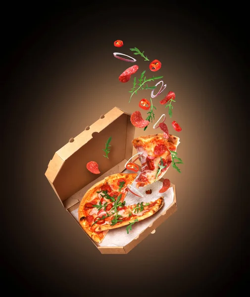 Freshly Baked Spicy Pizza Ingredients Air Black Background — 图库照片