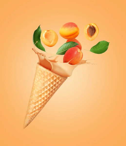 Splashes Ice Cream Cone Ripe Apricots — Stok fotoğraf