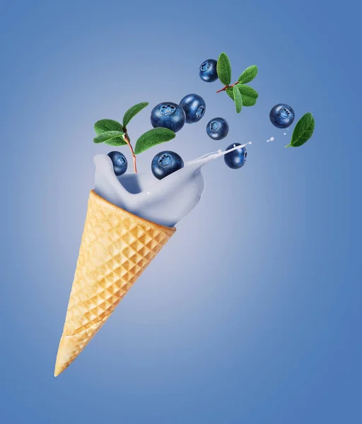 Splashes Ice Cream Blueberries Blue Background — Zdjęcie stockowe