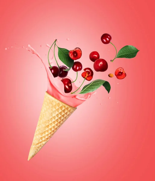 Splashes Ice Cream Cherries Red Background — Stok fotoğraf
