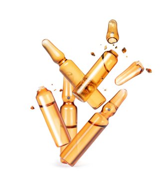Broken ampoules in the air closeup on a white background