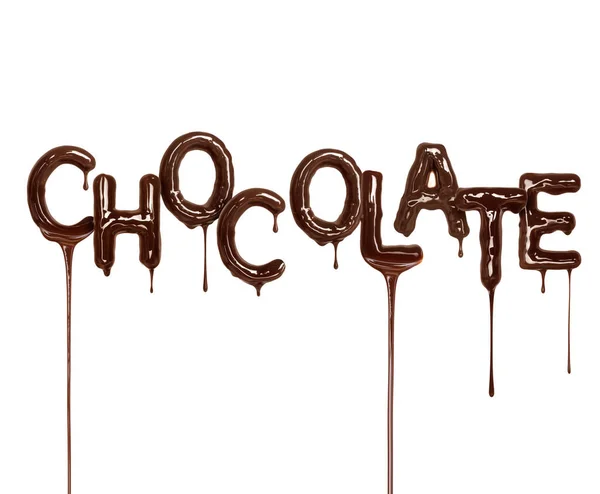 Inscription Chocolate Flows Made Melted Chocolate White Background —  Fotos de Stock