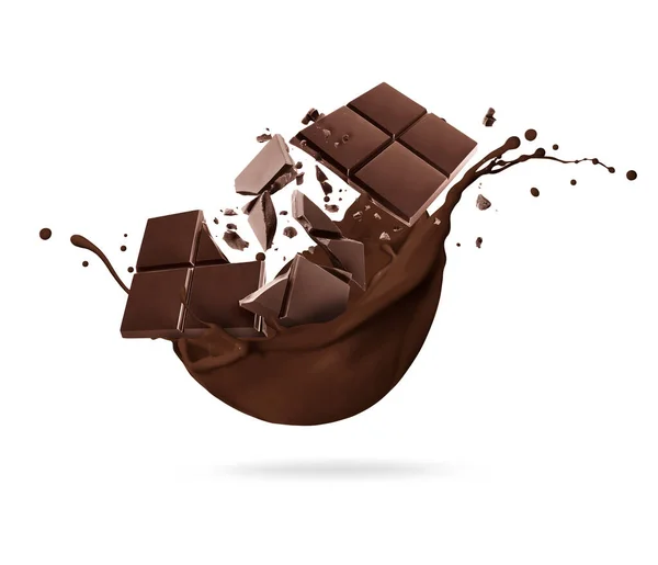 Bar of dark chocolate in chocolate splashes on a white background