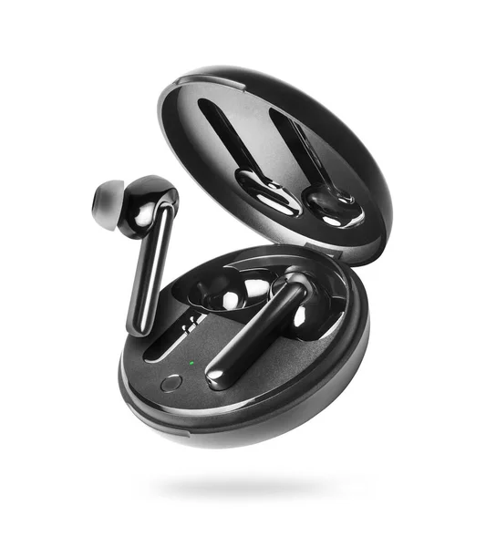 Stylish Black Wireless Headphones Close Air White Background — Photo