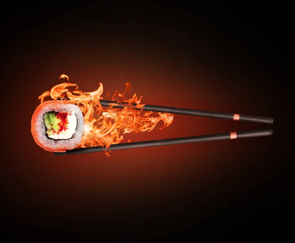 Sushi Roll Salmon Sandwiched Sticks Fire — Fotografia de Stock