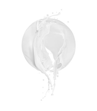 Round sphere made of milk splashes isolated on white background