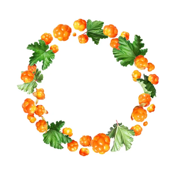Cloudberry arranged in a circle with green leaves