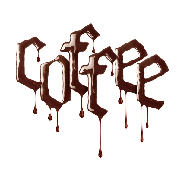 Inscription Coffee Gothic Style Dripping Drops Made Melted Chocolate — Stock Photo, Image