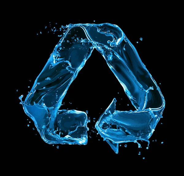 Recycling sign made of water splashes on black background