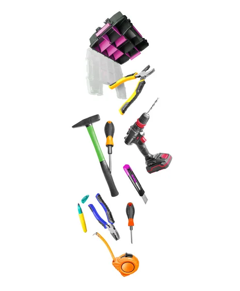 Construction Tools Fly Out Plastic Box Isolated White Background — ストック写真