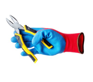 Eldivenli el pensesi beyaz arka planda izole edilmiş.