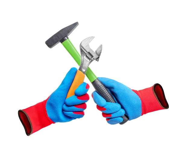 Gloved Hands Holding Hammer Sliding Wrench Isolated White Background — Stock Photo, Image