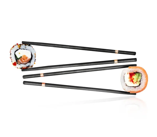 Two Various Sushi Rolls Sandwiched Sticks Close White Background — ストック写真