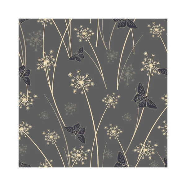 Etrafta uçuşan karahindiba çiçekleri ve kelebekler. Bej renkli karahindiba çiçekleri ve koyu gri renkli kelebekler gri arkaplanlarının aksine göze çarpıyorlar..