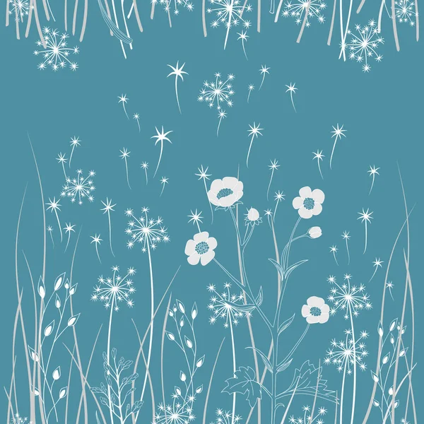 Beyaz çayır bitkileri ve havadaki karahindiba çiçeği tohumları bir araya toplanmış ve mavi renkli arka planda dikey çizgili..