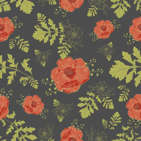 Kırmızı gelincikler ve yeşil haşhaş yaprakları koyu gri arka planda dağınık.