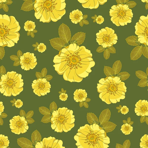  Koyu yeşil arka planda yeşil yapraklı parlak sarı güller etrafa saçılmış..