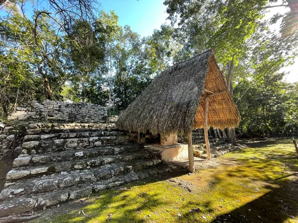 位于墨西哥尤卡坦半岛的前哥伦比亚城市科巴的玛雅古城的废墟 其美丽的考古背景在丛林中树叶中间 金字塔宏伟壮观 — 图库照片