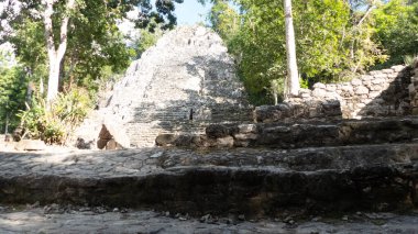 Yucatan Yarımadası 'nın ortasında yer alan ve Maya uygarlığının kültür ve tarihine ait olan Coba (Meksika) şehrinin antik Maya harabeleri ve piramidi..