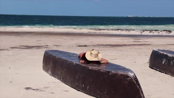매력적 순록의 바다에서 해변을 즐기고 이배에 누워서 편안하고 관능적 행복하고 — 비디오