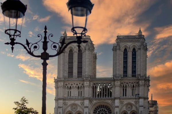 Gothic Cathedral Notre Dame Paris Beautiful Sunset Sky Makes Great — Foto Stock