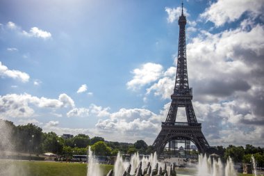 The Eiffel Tower of Paris from the Trocadero Gardens and with the Fields of Mars of the French capital in the background and next to the Seine River, this monument is the iconic symbol of France.