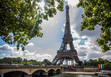 View of the Eiffel Tower from the Trocadero garden overlooking the Seine river of Paris with the Jena bridge, this scenery with the background of the tower is the icon of France.
