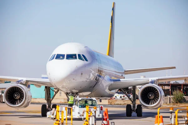 The fabulous Airbus, which is one of the world\'s most popular twin-engine commercial jet airliners for short, medium and long-range passengers, preparing to taxi to the runway and take off for a trip.