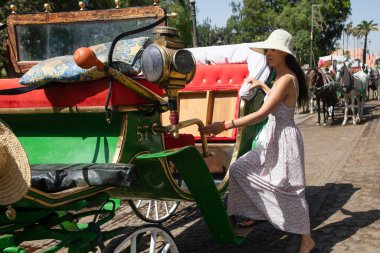 Fas 'ın en ünlü ve ana meydanı olan Jmaa El Fna Meydanı' ndaki arabaya binen güzel turist kadın..