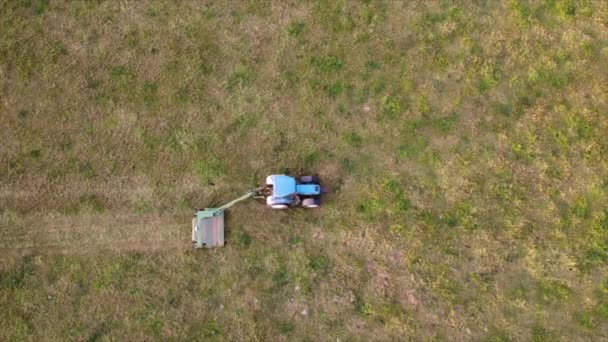 一位农民正驾驶着他的蓝色拖拉机在他的绿地里 — 图库视频影像