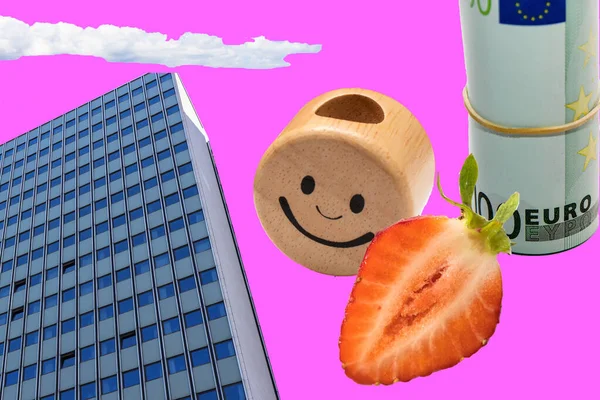 Magazine style collage. Art collage banner with skyscraper euro smiley and strawberries. High quality photo