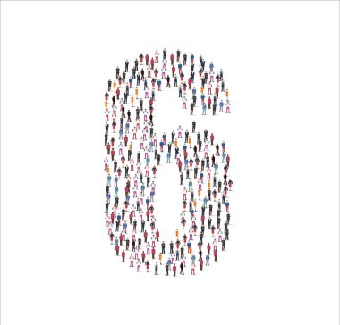 Erkek ve kadın karakterler çizim dairesi. Beyaz arkaplanda altı numaralı sembolü oluşturuyorlar. Vektör illüstrasyonu, Grup, İnsanlar ayarlandı