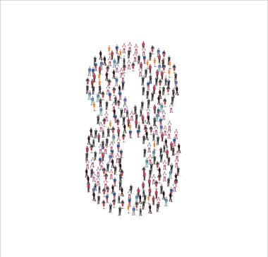 Erkek ve kadın karakterler çizim dairesi. Beyaz arkaplanda sekiz numaralı sembolü oluşturuyorlar. Vektör illüstrasyonu, Grup, İnsanlar ayarlandı