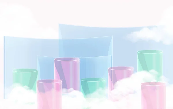 Escena Mínima Con Podio Verde Rosa Abstracto Nube Escena Fondo — Vector de stock