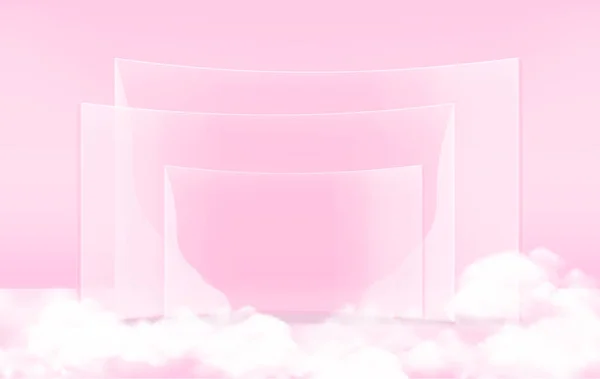 透明ピンクガラスの背景と一緒に化粧品のためのベクトル3D形状製品表示プレゼンテーションと白い雲 — ストックベクタ