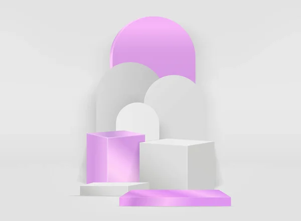 ピンクと白の表彰台と抽象的なピンクと白の背景のシーンスタジオやディスプレイのための台座と最小限のシーン 幾何学的な形状 形状製品の表示プレゼンテーション 3Dベクトル — ストックベクタ