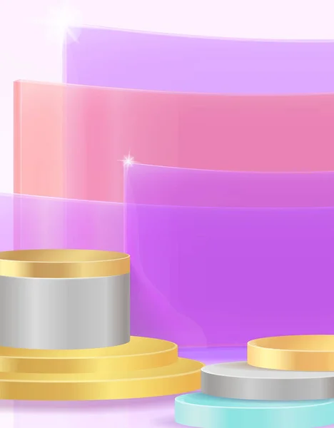 Altın podyum ve soyut renk çeşitliliğine sahip minimal sahne sahne Sahne Stüdyosu ya da Pedestal Görüntü için, Geometrik şekiller, şekil ürün sunumu. 3B, Vektör