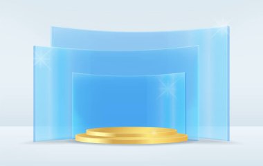Konsept vektör 3D şekil ürün sunum kare kare altın kozmetik ürün gölgesi ile şeffaf mavi cam arkaplan modern minimal  