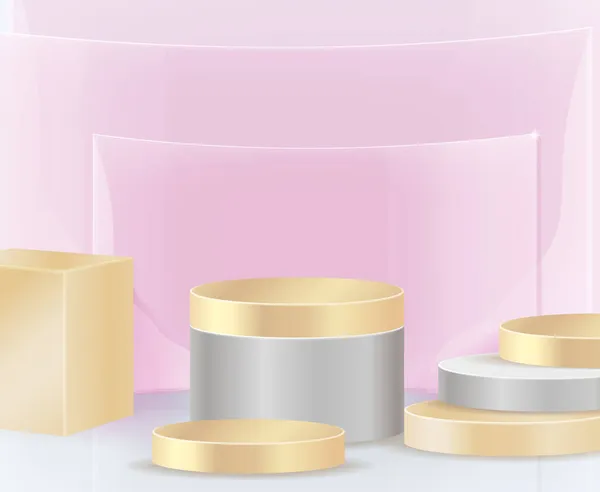 金の表彰台と抽象的なピンクの背景と最小限のシーンシーンスタジオやディスプレイのための台座 幾何学的な形状 形状製品の表示プレゼンテーション 3Dベクトル — ストックベクタ