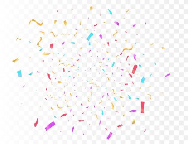 Şeffaf Arkaplan Rengi kurdele ve flama üzerinde konfeti patlaması. Doğum günü partisi vektör arkaplanı