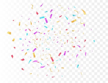 Şeffaf Arkaplan Rengi kurdele ve flama üzerinde konfeti patlaması. Doğum günü partisi vektör arkaplanı