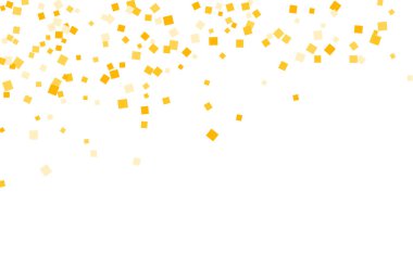 Beyaz üzerine düşen altın kareli konfetiler. Lüks Konfeti Tepeden Dibe Düşüyor. Kartpostal Kare Tasarımı.