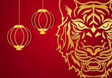 2022 'de Çin' de yeni yıl kaplanı kırmızı arka planda. Kırmızı arka planda ürün için altın kenarlı podyum, Çin Teması, Satış