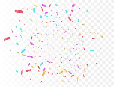 Şeffaf Arkaplan Rengi kurdele ve flama üzerinde konfeti patlaması. Doğum günü partisi vektör arkaplanı